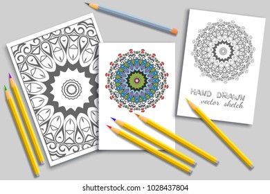 Mandala geometric floral artistic pattern, colorful and monochrome sketch ornament, page a4 for anti-stress coloring book. Mock-up set of coloring pencils, cards or invitations with place for the text