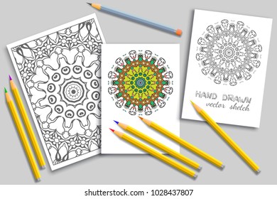 Mandala geometric floral artistic pattern, colorful and monochrome sketch ornament, page a4 for anti-stress coloring book. Mock-up set of coloring pencils, cards or invitations with place for the text