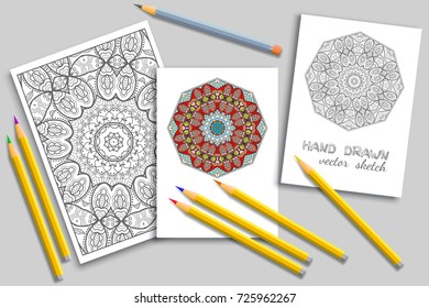 Mandala geometric floral artistic pattern, colorful and monochrome sketch ornament, page a4 for anti-stress coloring book. Mock-up set of coloring pencils, cards or invitations with place for the text