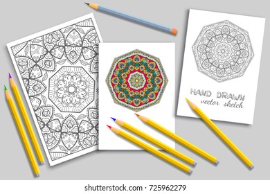 Mandala geometric floral artistic pattern, colorful and monochrome sketch ornament, page a4 for anti-stress coloring book. Mock-up set of coloring pencils, cards or invitations with place for the text
