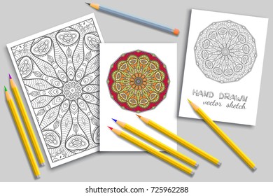 Mandala geometric floral artistic pattern, colorful and monochrome sketch ornament, page a4 for anti-stress coloring book. Mock-up set of coloring pencils, cards or invitations with place for the text