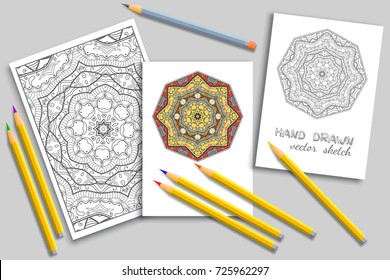 Mandala geometric floral artistic pattern, colorful and monochrome sketch ornament, page a4 for anti-stress coloring book. Mock-up set of coloring pencils, cards or invitations with place for the text