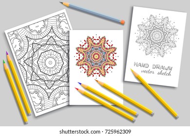 Mandala geometric floral artistic pattern, colorful and monochrome sketch ornament, page a4 for anti-stress coloring book. Mock-up set of coloring pencils, cards or invitations with place for the text