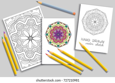 Mandala geometric floral artistic pattern, colorful and monochrome sketch ornament, page a4 for anti-stress coloring book. Mock-up set of coloring pencils, cards or invitations with place for the text