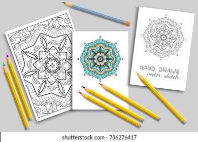 Mandala geometric floral artistic pattern, colorful and monochrome sketch ornament, page a4 for anti-stress coloring book. Mock-up set of coloring pencils, cards or invitations with place for the text