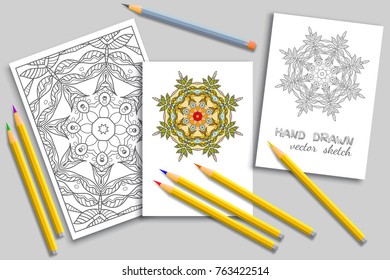 Mandala geometric floral artistic pattern, colorful and monochrome sketch ornament, page a4 for anti-stress coloring book. Mock-up set of coloring pencils, cards or invitations with place for the text