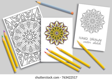Mandala geometric floral artistic pattern, colorful and monochrome sketch ornament, page a4 for anti-stress coloring book. Mock-up set of coloring pencils, cards or invitations with place for the text