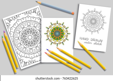 Mandala geometric floral artistic pattern, colorful and monochrome sketch ornament, page a4 for anti-stress coloring book. Mock-up set of coloring pencils, cards or invitations with place for the text