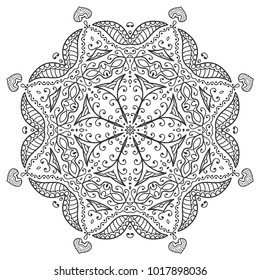 Mandala geometric floral design element. Sketch art for adult coloring book. Tribal ethnic Arabic Indian pattern. Hand drawn round ornament for coloring book page, zen doodle style vector illustration
