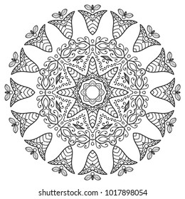 Mandala geometric floral design element. Sketch art for adult coloring book. Tribal ethnic Arabic Indian pattern. Hand drawn round ornament for coloring book page, zen doodle style vector illustration