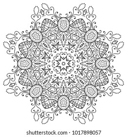 Mandala geometric floral design element. Sketch art for adult coloring book. Tribal ethnic Arabic Indian pattern. Hand drawn round ornament for coloring book page, zen doodle style vector illustration