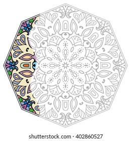 Mandala geometric floral design element. Zentangle style art for adult coloring book. Tribal ethnic Arabic Indian pattern. Hand drawn round ornament for coloring book page, doodle vector illustration