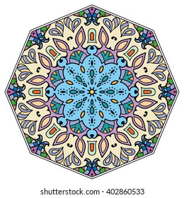 Mandala geometric floral design element. Zentangle style art for adult coloring book. Tribal ethnic Arabic Indian pattern. Hand drawn round ornament for coloring book page, doodle vector illustration