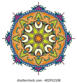 Mandala geometric floral design element. Zentangle style art for adult coloring book. Tribal ethnic Arabic Indian pattern. Hand drawn round ornament for coloring book page, doodle vector illustration