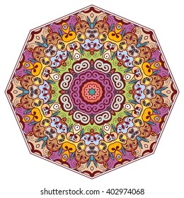 Mandala geometric floral design element. Zentangle style art for adult coloring book. Tribal ethnic Arabic Indian pattern. Hand drawn round ornament for coloring book page, doodle vector illustration