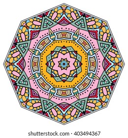 Mandala geometric floral design element. Zentangle style art for adult coloring book. Tribal ethnic Arabic Indian pattern. Hand drawn round ornament for coloring book page, doodle vector illustration