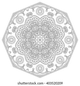 Mandala geometric floral design element. Zentangle style art for adult coloring book. Tribal ethnic Arabic Indian pattern. Hand drawn round ornament for coloring book page, doodle vector illustration