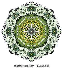 Mandala geometric floral design element. Zentangle style art for adult coloring book. Tribal ethnic Arabic Indian pattern. Hand drawn round ornament for coloring book page, doodle vector illustration