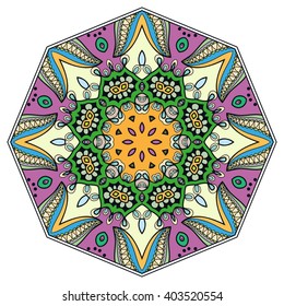 Mandala geometric floral design element. Zentangle style art for adult coloring book. Tribal ethnic Arabic Indian pattern. Hand drawn round ornament for coloring book page, doodle vector illustration