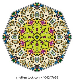 Mandala geometric floral design element. Zentangle style art for adult coloring book. Tribal ethnic Arabic Indian pattern. Hand drawn round ornament for coloring book page, doodle vector illustration