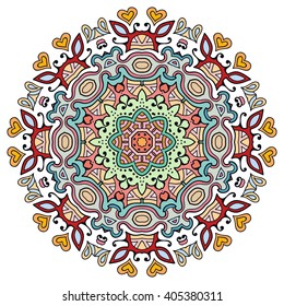 Mandala geometric floral design element. Zentangle style art for adult coloring book. Tribal ethnic Arabic Indian pattern. Hand drawn round ornament for coloring book page, doodle vector illustration