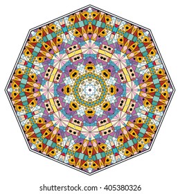 Mandala geometric floral design element. Zentangle style art for adult coloring book. Tribal ethnic Arabic Indian pattern. Hand drawn round ornament for coloring book page, doodle vector illustration