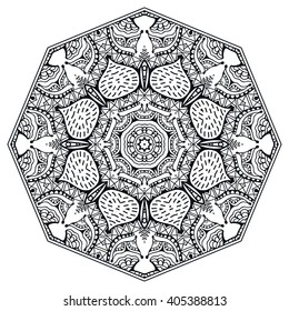 Mandala geometric floral design element. Zentangle style art for adult coloring book. Tribal ethnic Arabic Indian pattern. Hand drawn round ornament for coloring book page, doodle vector illustration