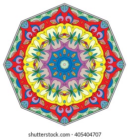 Mandala geometric floral design element. Zentangle style art for adult coloring book. Tribal ethnic Arabic Indian pattern. Hand drawn round ornament for coloring book page, doodle vector illustration