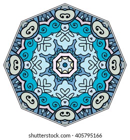 Mandala geometric floral design element. Zentangle style art for adult coloring book. Tribal ethnic Arabic Indian pattern. Hand drawn round ornament for coloring book page, doodle vector illustration