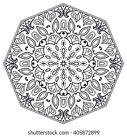 Mandala geometric floral design element. Zentangle style art for adult coloring book. Tribal ethnic Arabic Indian pattern. Hand drawn round ornament for coloring book page, doodle vector illustration