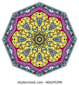 Mandala geometric floral design element. Zentangle style art for adult coloring book. Tribal ethnic Arabic Indian pattern. Hand drawn round ornament for coloring book page, doodle vector illustration