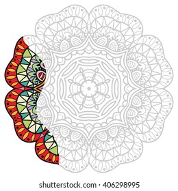 Mandala geometric floral design element. Zentangle style art for adult coloring book. Tribal ethnic Arabic Indian pattern. Hand drawn round ornament for coloring book page, doodle vector illustration