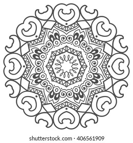 Mandala geometric floral design element. Zentangle style art for adult coloring book. Tribal ethnic Arabic Indian pattern. Hand drawn round ornament for coloring book page, doodle vector illustration
