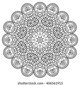 Mandala geometric floral design element. Zentangle style art for adult coloring book. Tribal ethnic Arabic Indian pattern. Hand drawn round ornament for coloring book page, doodle vector illustration