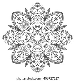 Mandala geometric floral design element. Zentangle style art for adult coloring book. Tribal ethnic Arabic Indian pattern. Hand drawn round ornament for coloring book page, doodle vector illustration