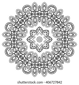 Mandala geometric floral design element. Zentangle style art for adult coloring book. Tribal ethnic Arabic Indian pattern. Hand drawn round ornament for coloring book page, doodle vector illustration