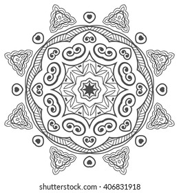 Mandala geometric floral design element. Zentangle style art for adult coloring book. Tribal ethnic Arabic Indian pattern. Hand drawn round ornament for coloring book page, doodle vector illustration