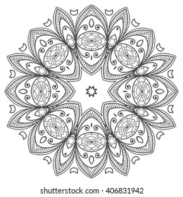 Mandala geometric floral design element. Zentangle style art for adult coloring book. Tribal ethnic Arabic Indian pattern. Hand drawn round ornament for coloring book page, doodle vector illustration