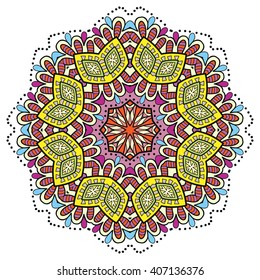 Mandala geometric floral design element. Zentangle style art for adult coloring book. Tribal ethnic Arabic Indian pattern. Hand drawn round ornament for coloring book page, doodle vector illustration