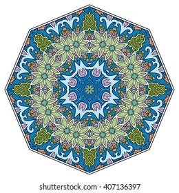 Mandala geometric floral design element. Zentangle style art for adult coloring book. Tribal ethnic Arabic Indian pattern. Hand drawn round ornament for coloring book page, doodle vector illustration