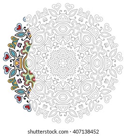 Mandala geometric floral design element. Zentangle style art for adult coloring book. Tribal ethnic Arabic Indian pattern. Hand drawn round ornament for coloring book page, doodle vector illustration