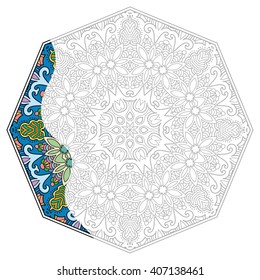 Mandala geometric floral design element. Zentangle style art for adult coloring book. Tribal ethnic Arabic Indian pattern. Hand drawn round ornament for coloring book page, doodle vector illustration