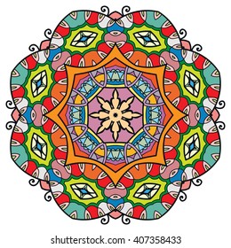 Mandala geometric floral design element. Zentangle style art for adult coloring book. Tribal ethnic Arabic Indian pattern. Hand drawn round ornament for coloring book page, doodle vector illustration