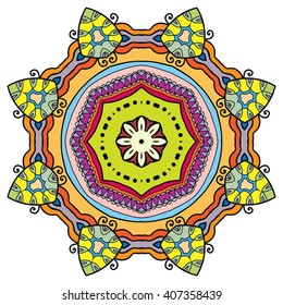 Mandala geometric floral design element. Zentangle style art for adult coloring book. Tribal ethnic Arabic Indian pattern. Hand drawn round ornament for coloring book page, doodle vector illustration
