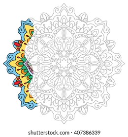 Mandala geometric floral design element. Zentangle style art for adult coloring book. Tribal ethnic Arabic Indian pattern. Hand drawn round ornament for coloring book page, doodle vector illustration