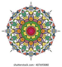 Mandala geometric floral design element. Zentangle style art for adult coloring book. Tribal ethnic Arabic Indian pattern. Hand drawn round ornament for coloring book page, doodle vector illustration