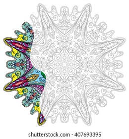 Mandala geometric floral design element. Zentangle style art for adult coloring book. Tribal ethnic Arabic Indian pattern. Hand drawn round ornament for coloring book page, doodle vector illustration
