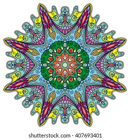 Mandala geometric floral design element. Zentangle style art for adult coloring book. Tribal ethnic Arabic Indian pattern. Hand drawn round ornament for coloring book page, doodle vector illustration