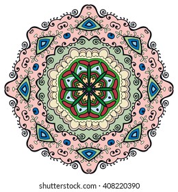 Mandala geometric floral design element. Zentangle style art for adult coloring book. Tribal ethnic Arabic Indian pattern. Hand drawn round ornament for coloring book page, doodle vector illustration