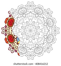 Mandala geometric floral design element. Zentangle style art for adult coloring book. Tribal ethnic Arabic Indian pattern. Hand drawn round ornament for coloring book page, doodle vector illustration